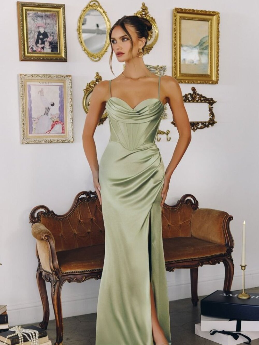 N/A New Sage Sleeveless Party Satin Gown w/ Lace Up Back & Sexy Leg Slit CD T815